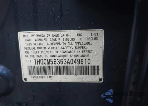 2003 Honda Accord 2.4 Lx from USA, damaged, VIN 1HGCM56363A049610